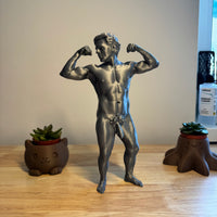 Jonny — standing male nude art sculpture in silver finish, hand-painted gay art figurine by Vovanga Studio Vienna